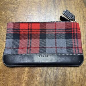 Vintage Coach Tartan Hampton Plaid Wool & Leather Small Pouch Black & Red Clutch
